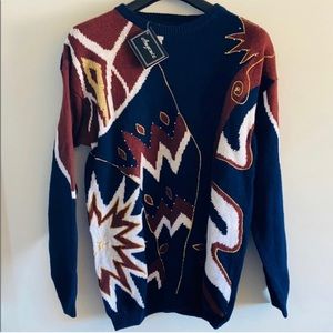 Vintage Angenie Navy Blue Beaded Abstract Design Long Sleeved Sweater